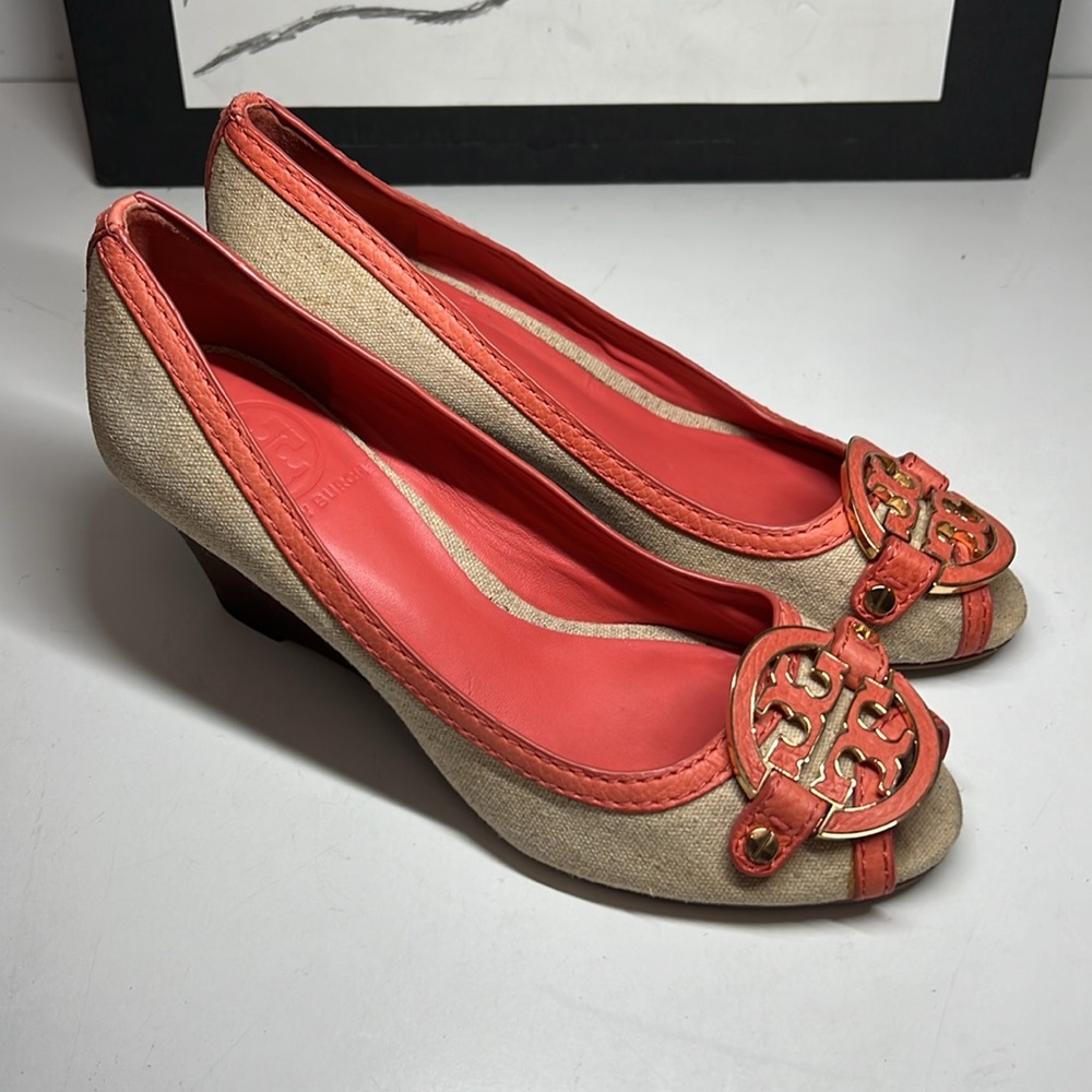 Tory Burch Amanda Off White/Pink Leather And Canvas PepToes Wedges Woman’s 6.5M - Picture 3 of 16